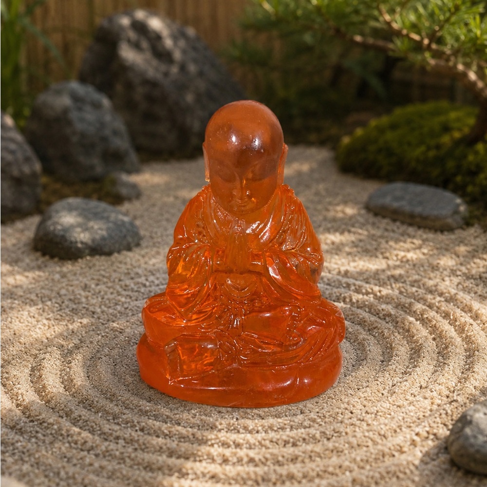 Buddha Figure Figurine Statue Orange Amber Lucite Praying 4” Vintage Unmarked